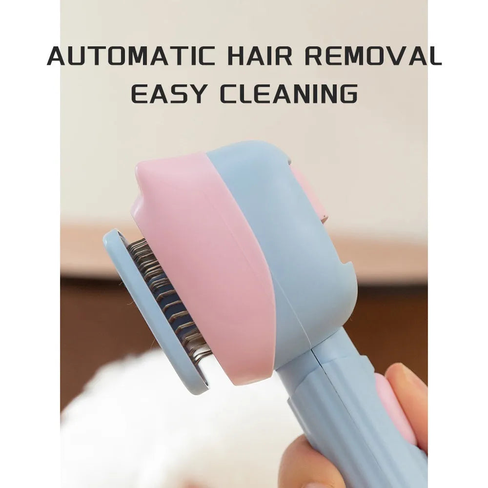 Red and blue pet grooming brush with double-sided deshedding comb for dogs and cats
