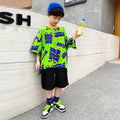 Boys summer cotton letter print hip-hop suit two-piece set in green, short sleeve pullover and five-point shorts
