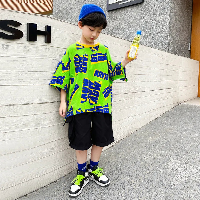 Boys summer cotton letter print hip-hop suit two-piece set in green, short sleeve pullover and five-point shorts