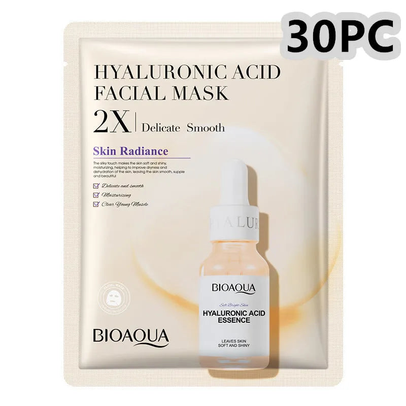 Single sheet of a white collagen face mask and a multi-pack box of 30g facial sheet masks.