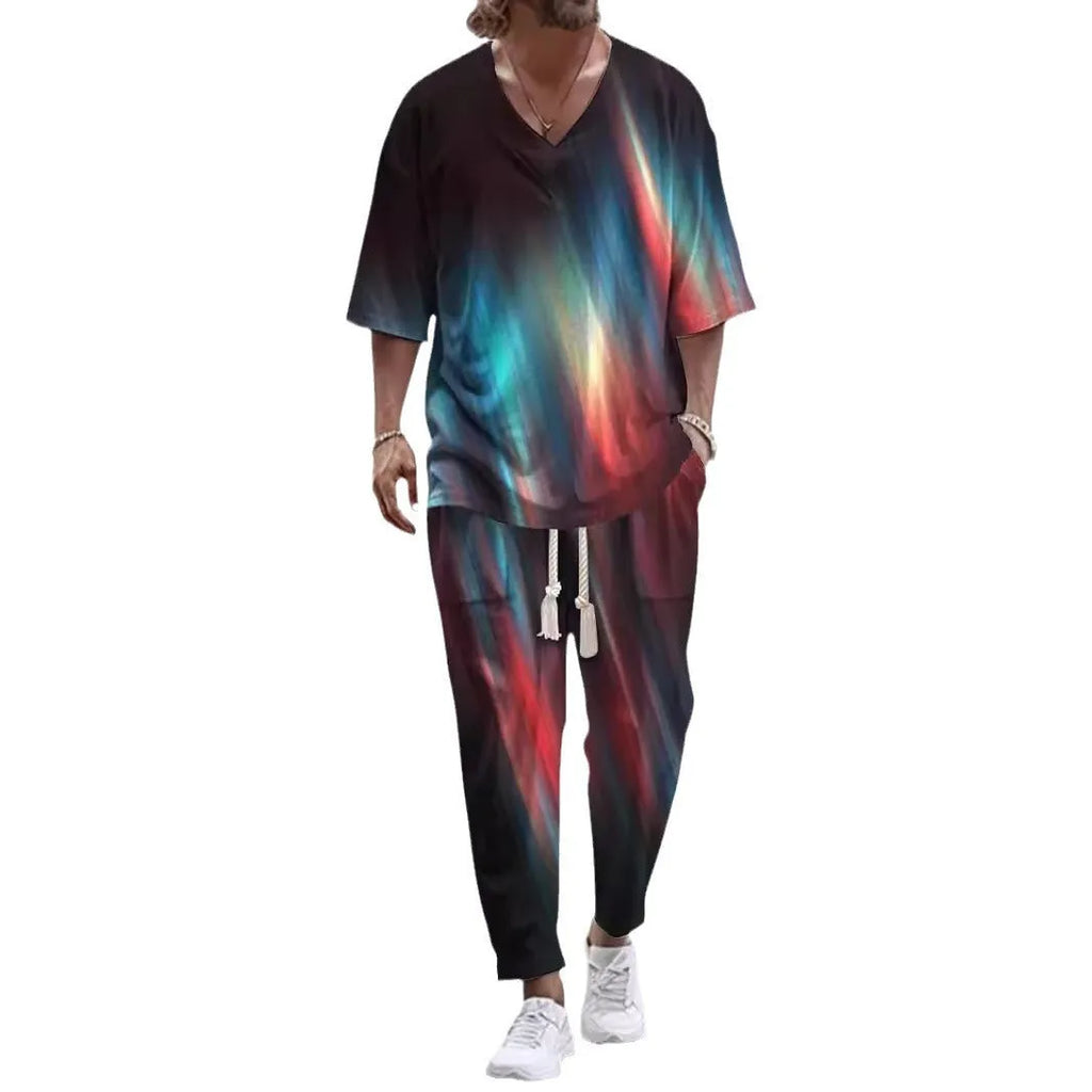 Man's thin polyester tracksuit set with V-neck cropped sleeve jacket and matching trousers