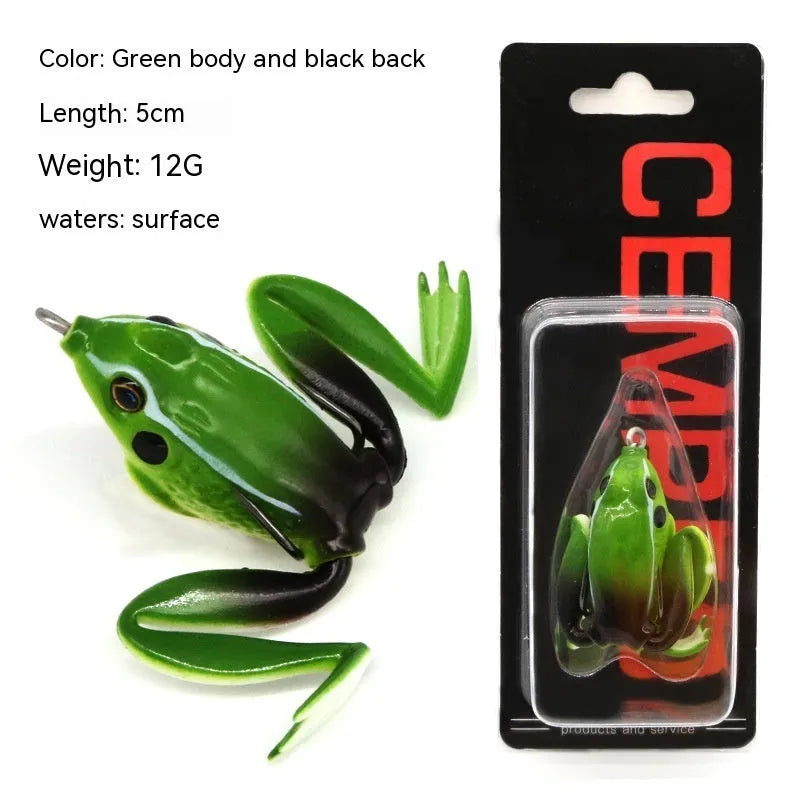 Bionic thunder frog snake head fishing lure in grass green with black yellow dots pattern and double hooks