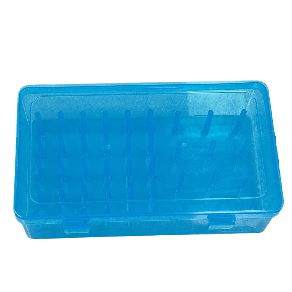 Transparent plastic storage box with 42 compartments for embroidery threads and sewing supplies