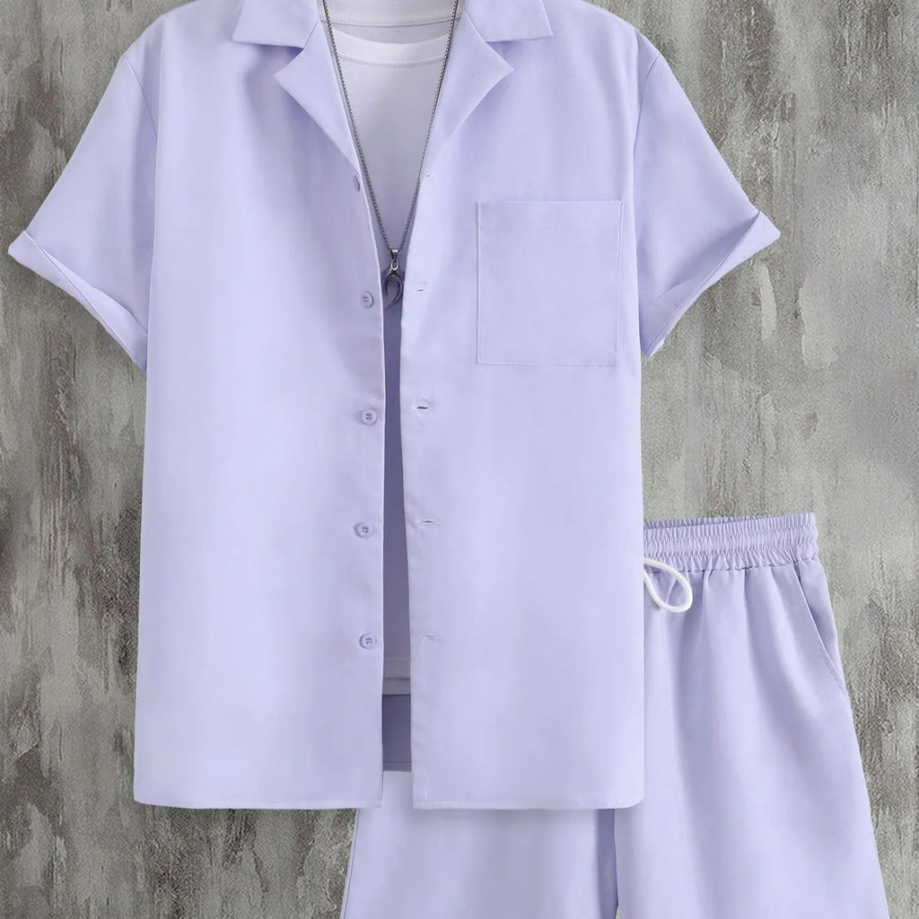 Men's Cuban collar sport suit with short sleeve top and matching shorts in lightweight polyester fabric