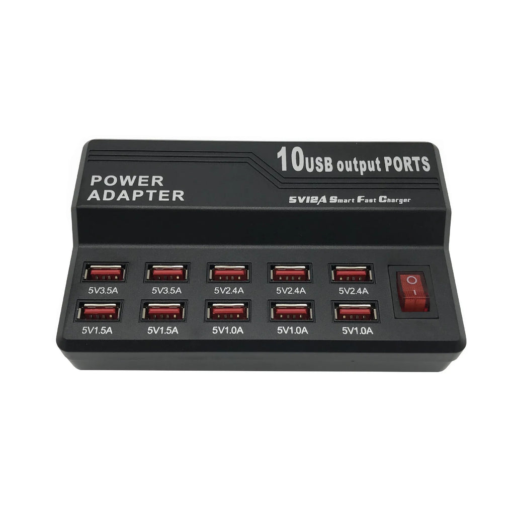 Black 10-port USB charging power strip with smart charging and aluminium heat dissipation, shown with multiple cables connected