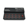 Black 10-port USB charging power strip with smart charging and aluminium heat dissipation, shown with multiple cables connected