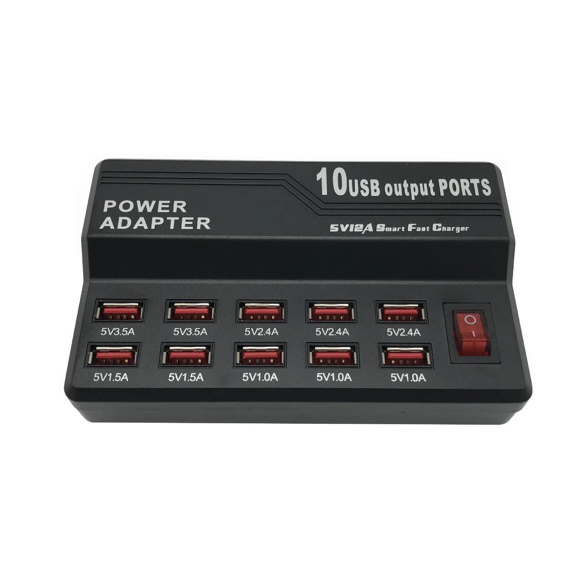Black 10-port USB charging power strip with smart charging and aluminium heat dissipation, shown with multiple cables connected