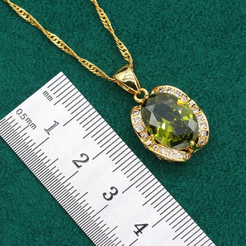 Women's zircon jewellery set with electroplated copper necklace, earrings, and ring in olive green or red colours