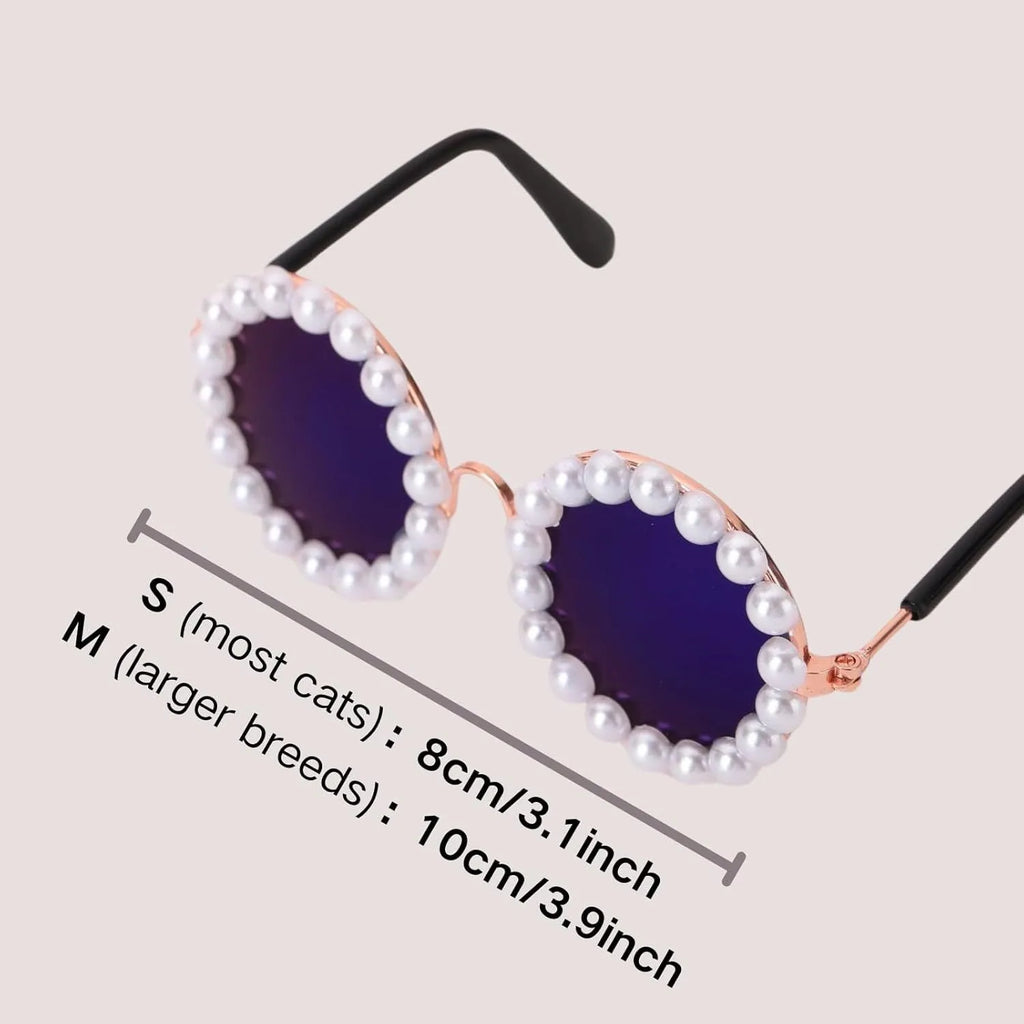 Pearl-rimmed round sunglasses for pets on cat and dog with black, blue, coffee, orange and purple colour options