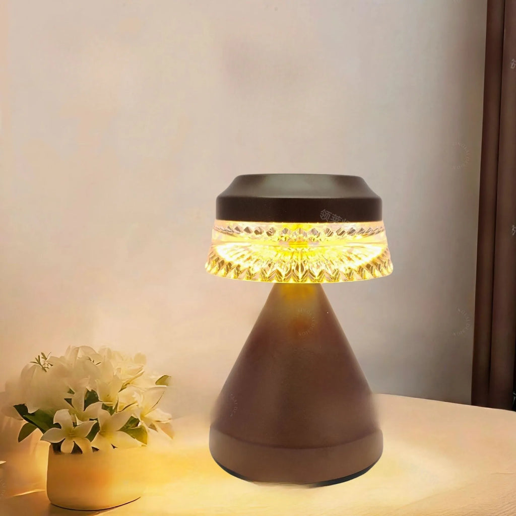 Black USB-powered LED night lamp with dimming control on wooden bedside table