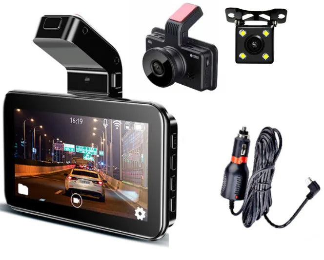 3-inch screen dual lens car DVR dash cam with front and rear cameras on a black unit