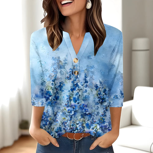 Women's casual V-neck top with 3D printed pattern in loose Japanese Korean style