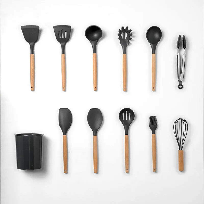 12-piece silicone kitchenware set with wooden handles in modern simplicity design, colour box packaging