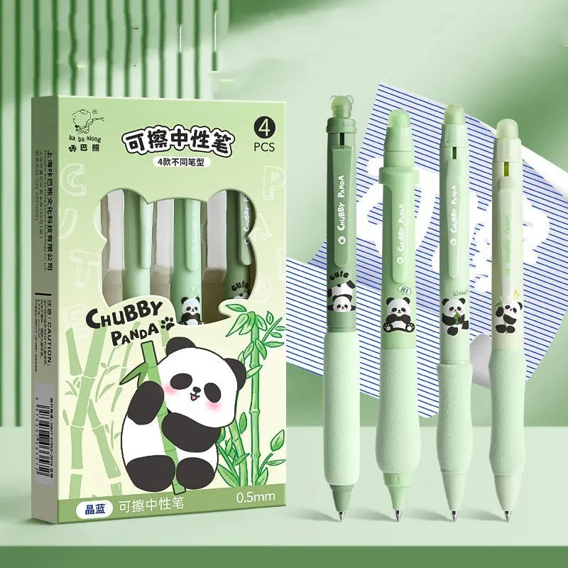 Cartoon-themed erasable gel pen with 0.5mm tip showing character designs and black or blue ink options