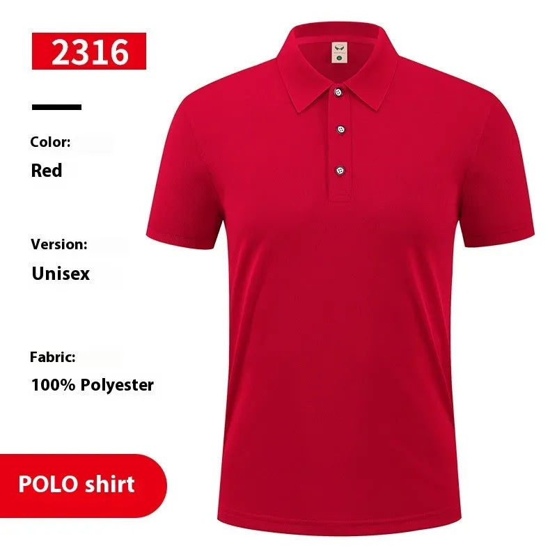 Short sleeve ice silk polo shirt on a hanger, shown in a solid colour with an advertising logo pattern.