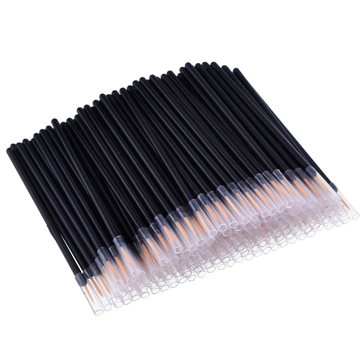 Pack of 100 black disposable eyeliner brushes with fine tips and plastic sleeves
