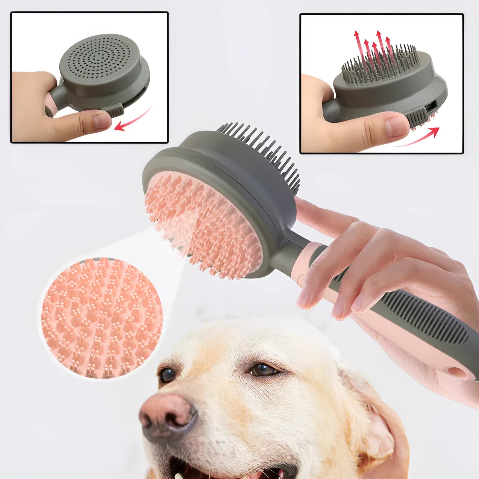 Pet hair removal comb with self-cleaning slicker brush and double-sided massage surface, 210mm, green colour
