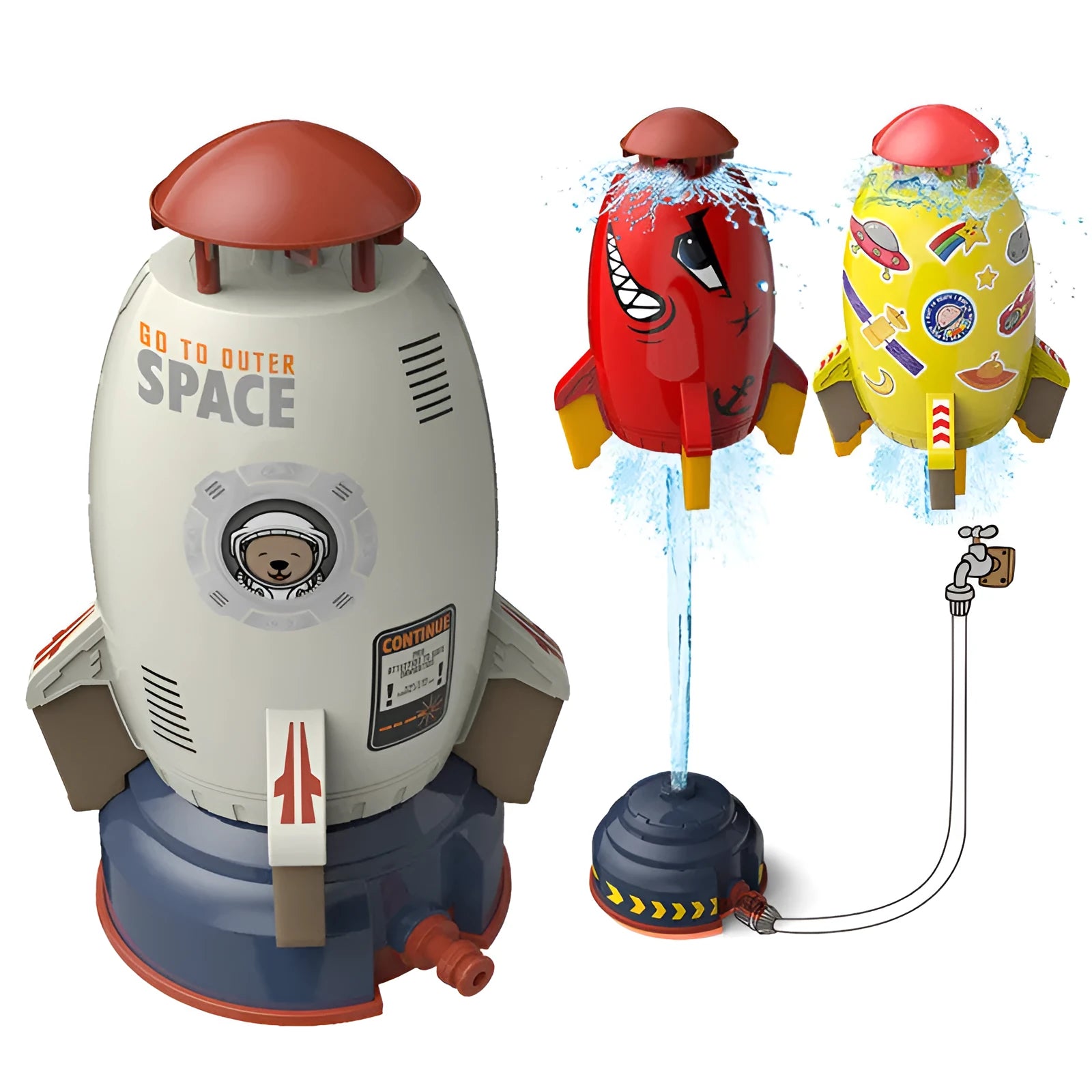 Water pressure rocket launcher toy on green grass with water spray, yellow rocket, and base connector