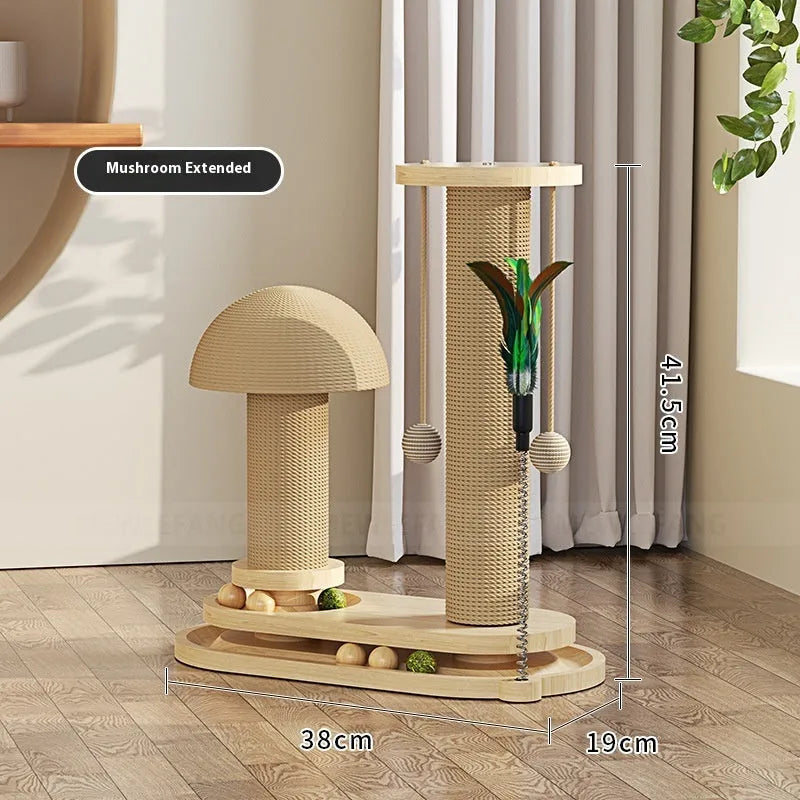 Solid wood cat scratching post with a central rotating turntable, shown in a natural wood finish.