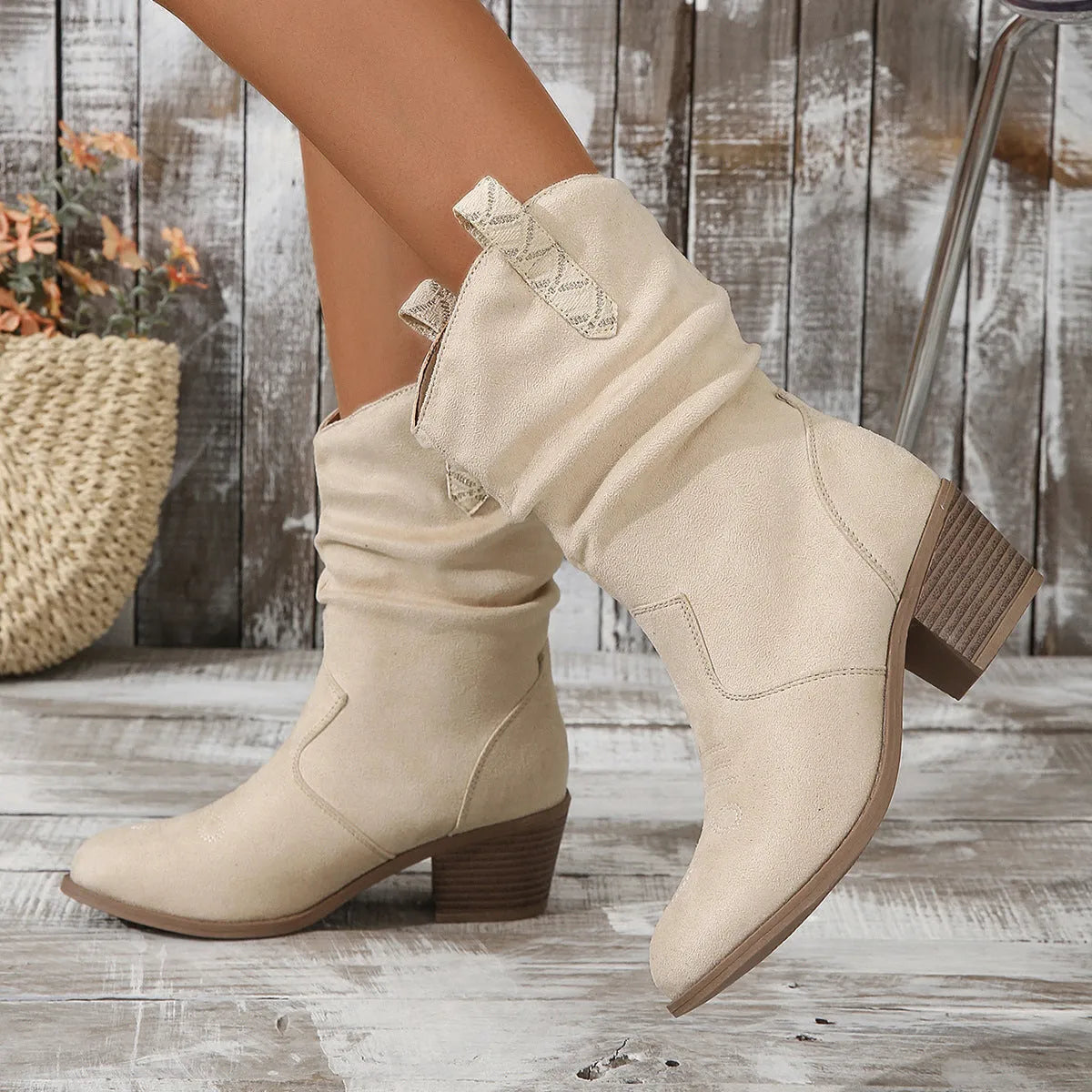 Women's mid-calf suede boots with short stout heel and leather stitching detail
