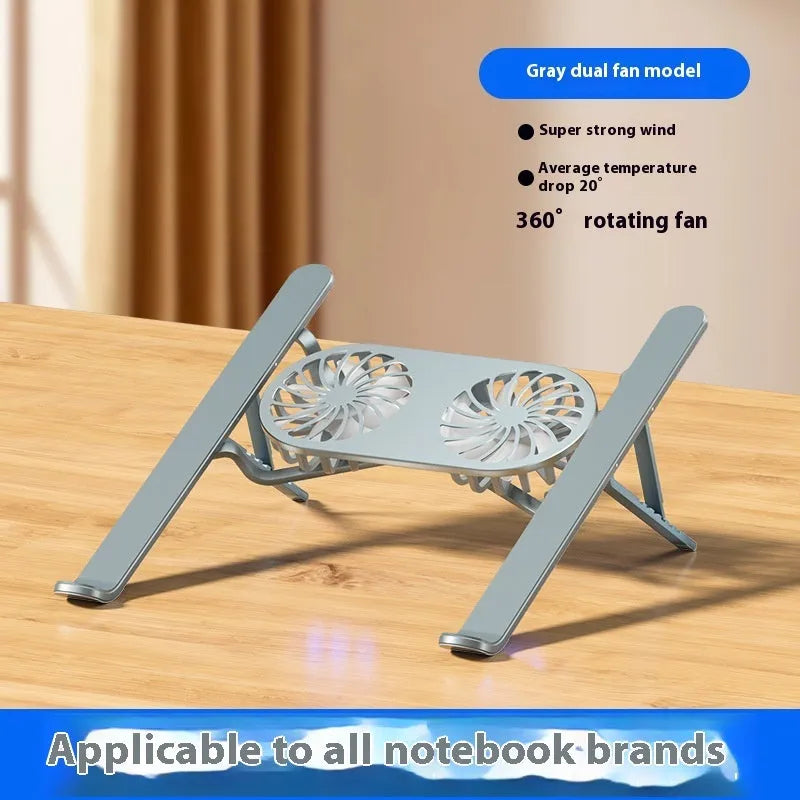 Silver aluminium laptop cooling stand with twin fans and adjustable height mechanism, folded beside notebook computer