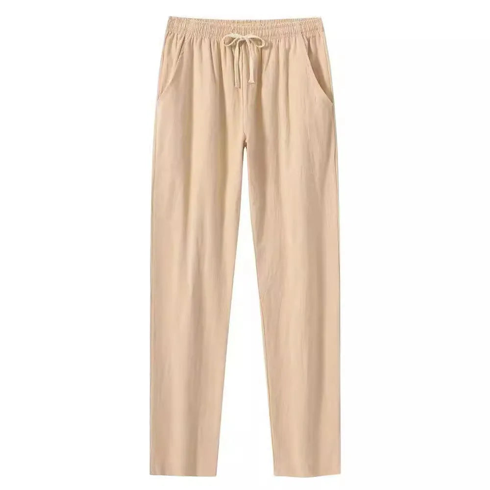 Men's cotton and linen beach pants in khaki, loose fit with drawstring waist, solid colour design