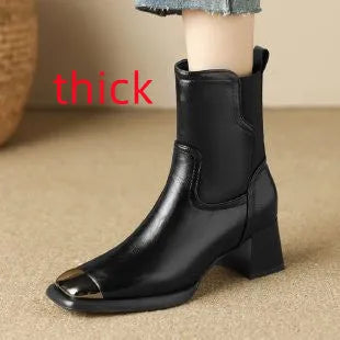 Brown women's high heel Martin ankle boots made of cowhide leather with a side zip.