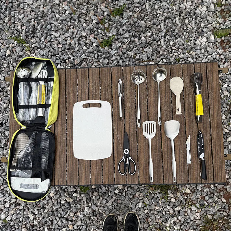 12-piece stainless steel cutlery set inside a khaki portable picnic storage bag