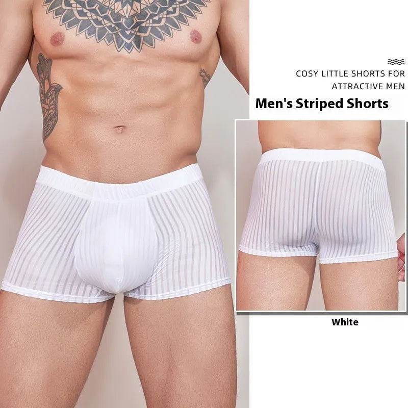 Men's striped thin transparent nylon underwear in black, dark grey and white colours