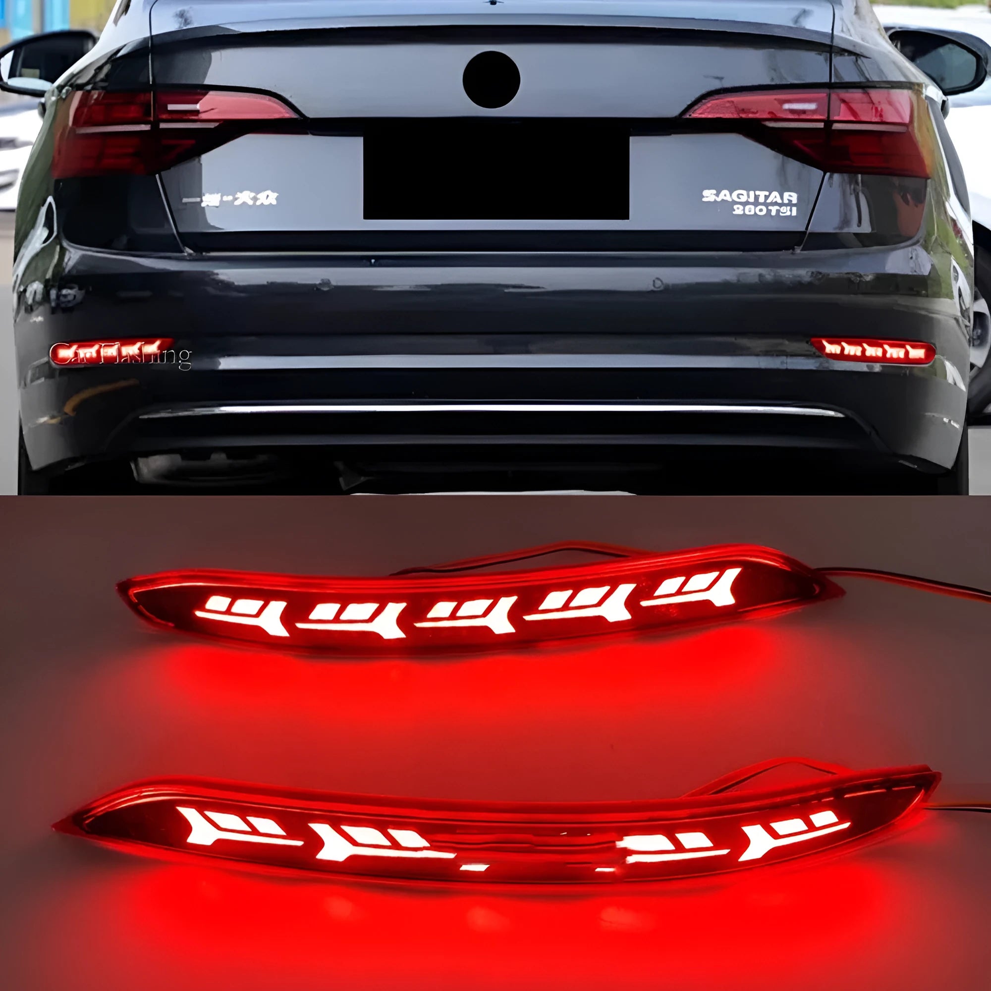 Volkswagen Sagitar rear LED bumper light showing flowing water animation for brake and turn signals.