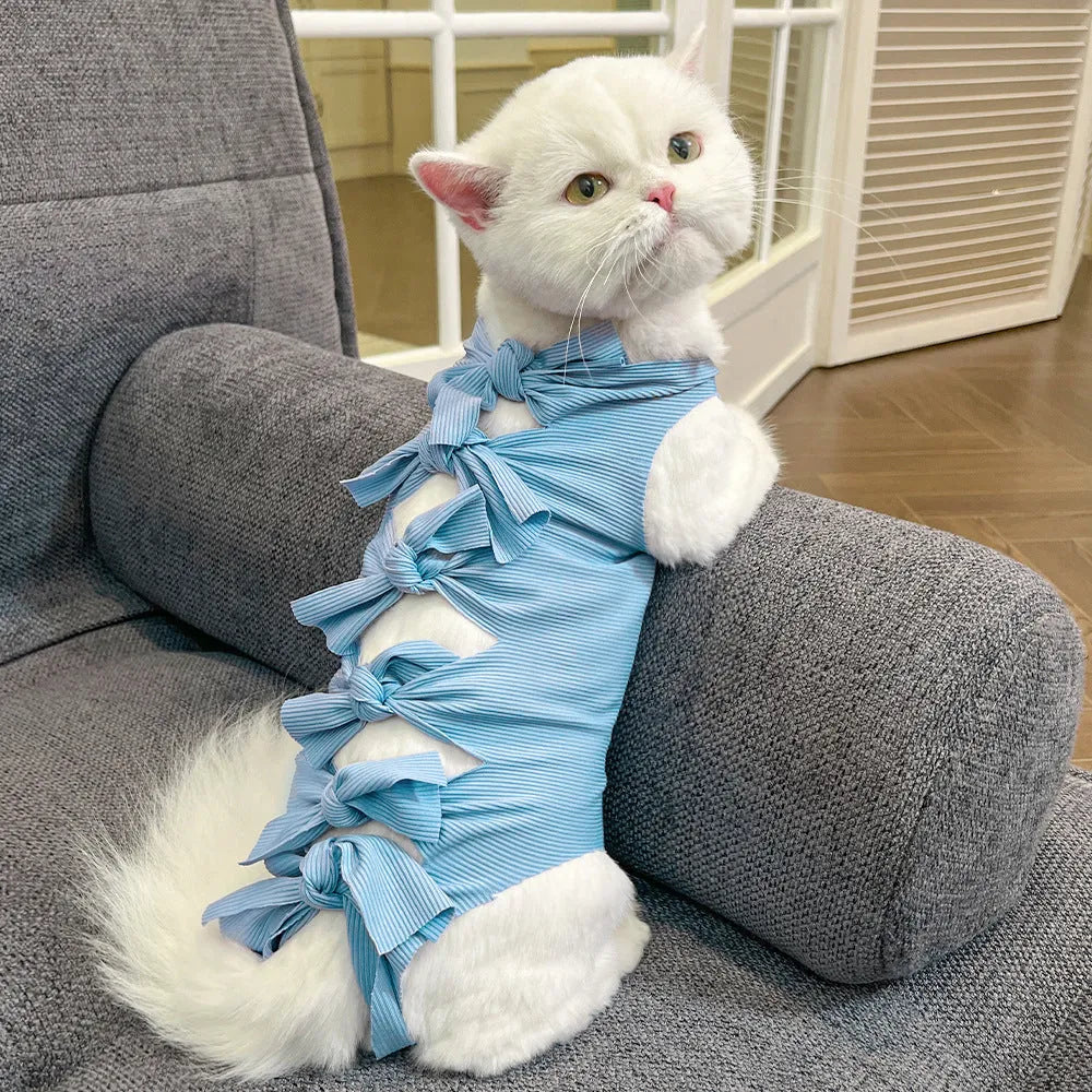 Lace-up cat sterilisation recovery clothing in polyester, shown in various colours and sizes.