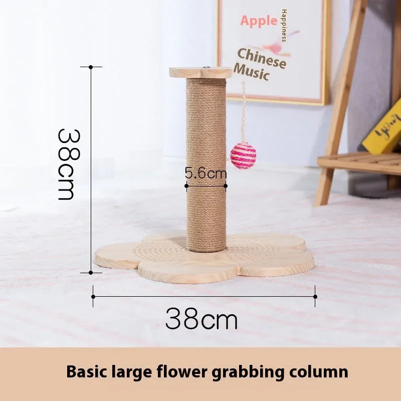 Solid wood cat scratching post with a central rotating turntable, shown in a natural wood finish.