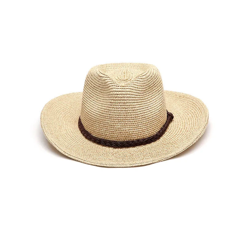 Men's foldable straw sun hat with wide brim in beige colour shown in medium size
