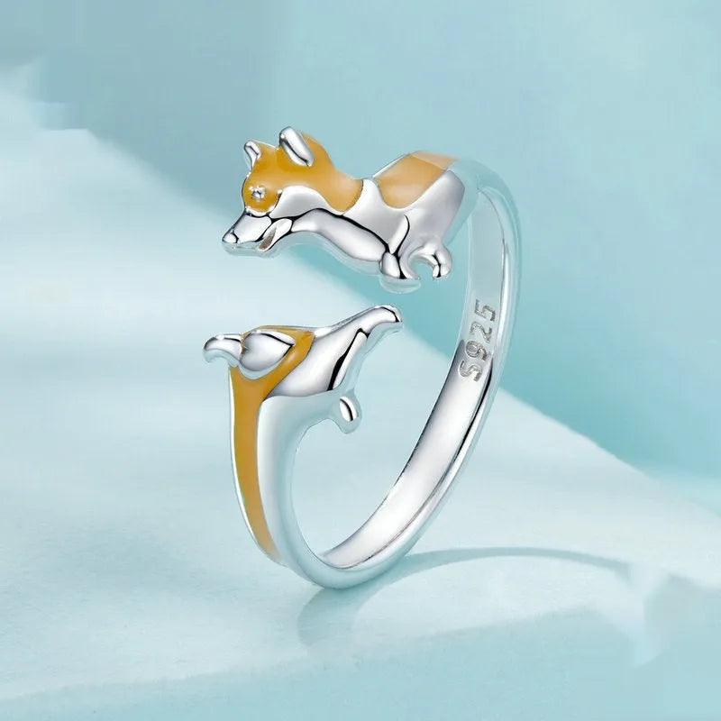 Silver ring featuring a cute cartoon corgi dog design with electroplated SCR1014-E colour finish.