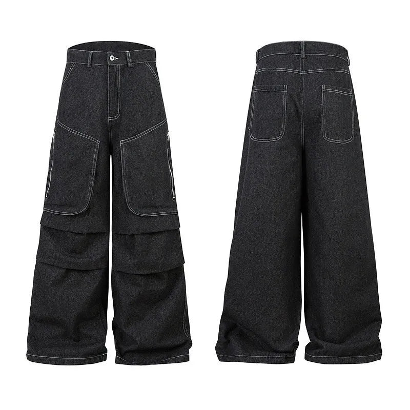 Black multi-pocket pleated workwear denim jeans with mid waist and zip placket