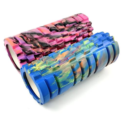 33cm camouflage pattern EVA foam roller in blue green yellow colour shown on gym floor