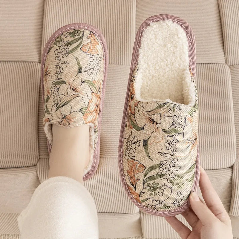 Winter cotton slippers with linen surface, PVC sole, available in floral colours and precise centimetre sizes