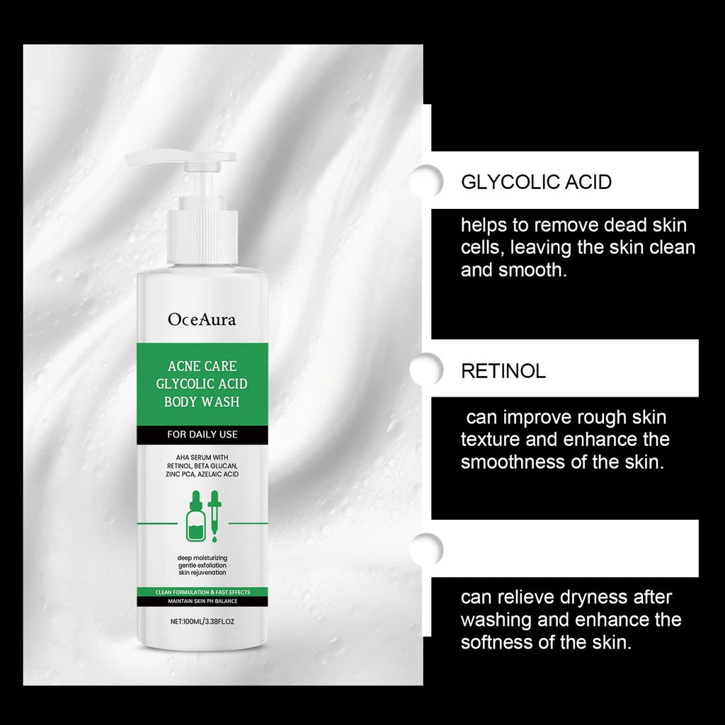 Soothing and moisturising shower gel with retinol and azelaic acid in a 100ml white bottle