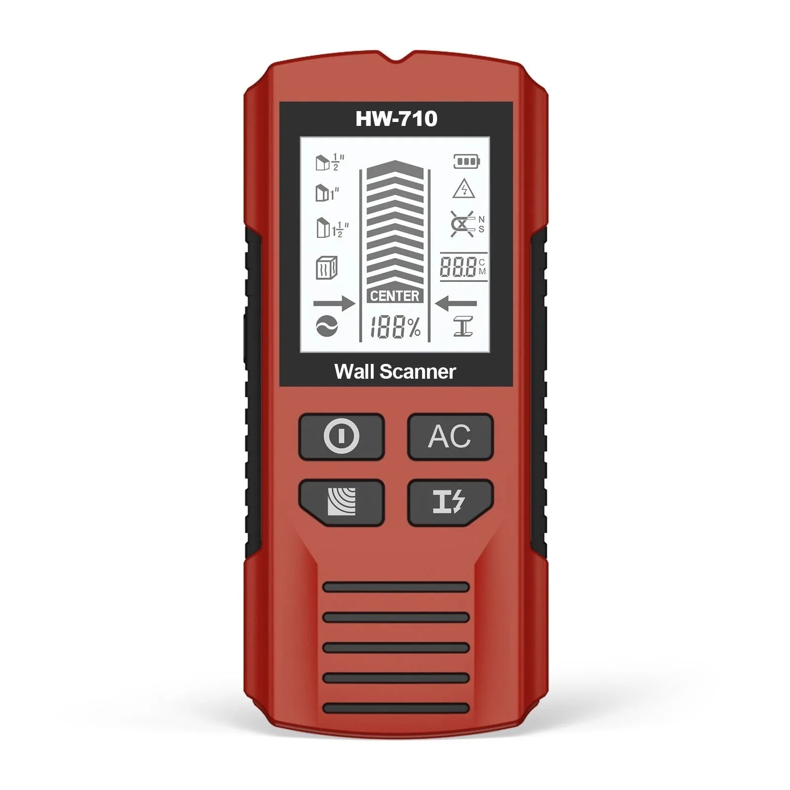 Multifunctional perforated inner wire wall detector in yellow, 174x76x41mm handheld scanner on white background