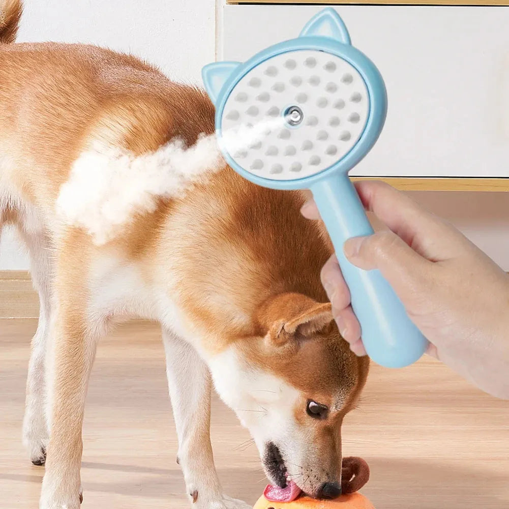 Rechargeable cat grooming brush with mist, self-cleaning slicker brush, ergonomic ABS TPR silicone, 18x9.5x5cm, available in blue pink yellow