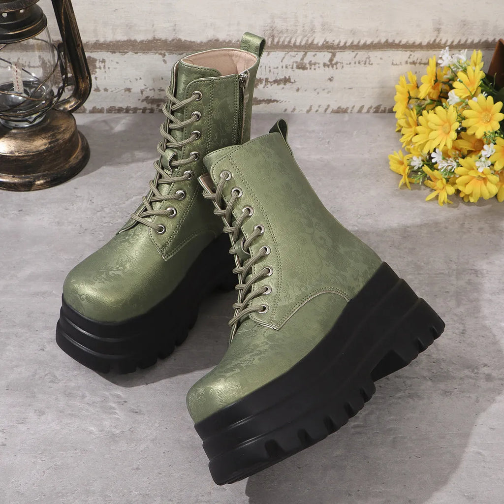 Women's mid-calf retro patchwork Martin boots with platform heel and side zip in black, green or white