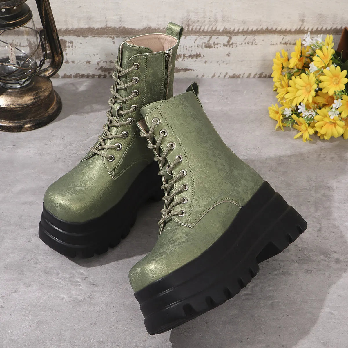 Women's mid-calf retro patchwork Martin boots with platform heel and side zip in black, green or white