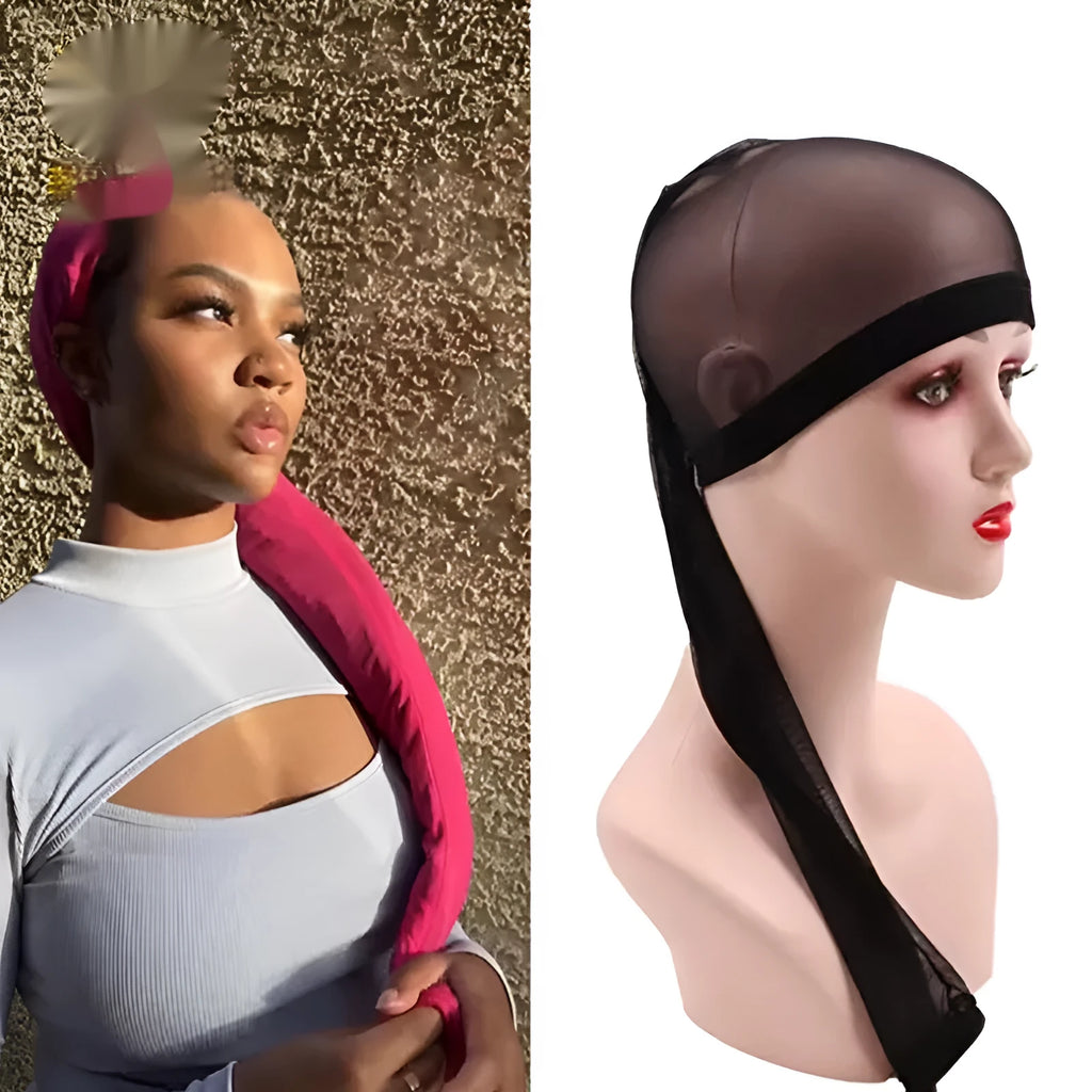 Mesh wig cap in spandex material showing stretch elasticity and breathable construction