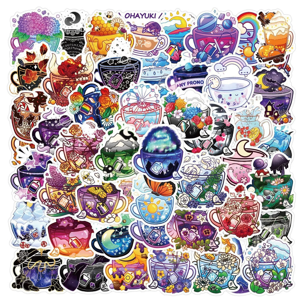 Colourful tea cup design graffiti stickers 50-piece set for sports equipment and luggage customisation