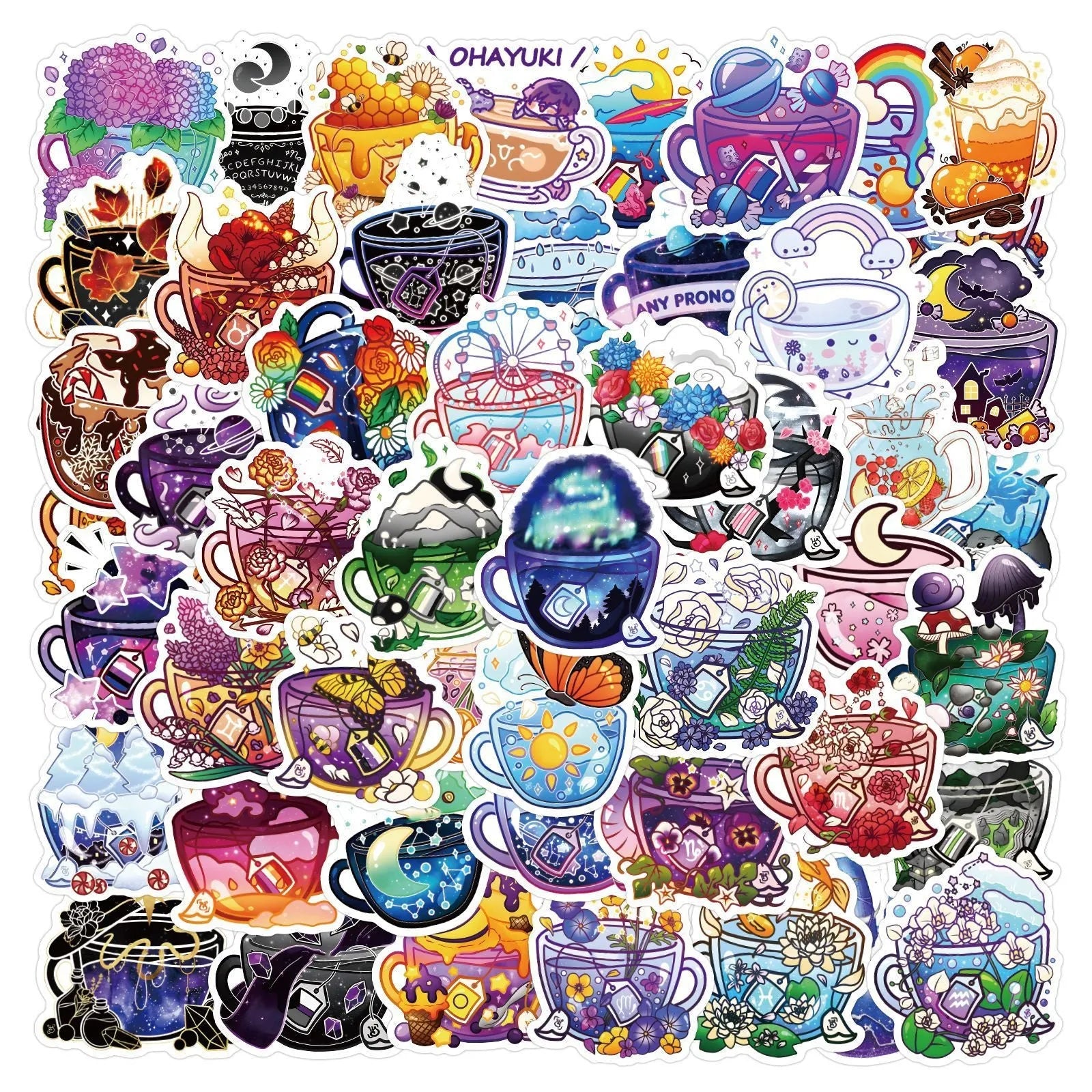 Colourful tea cup design graffiti stickers 50-piece set for sports equipment and luggage customisation
