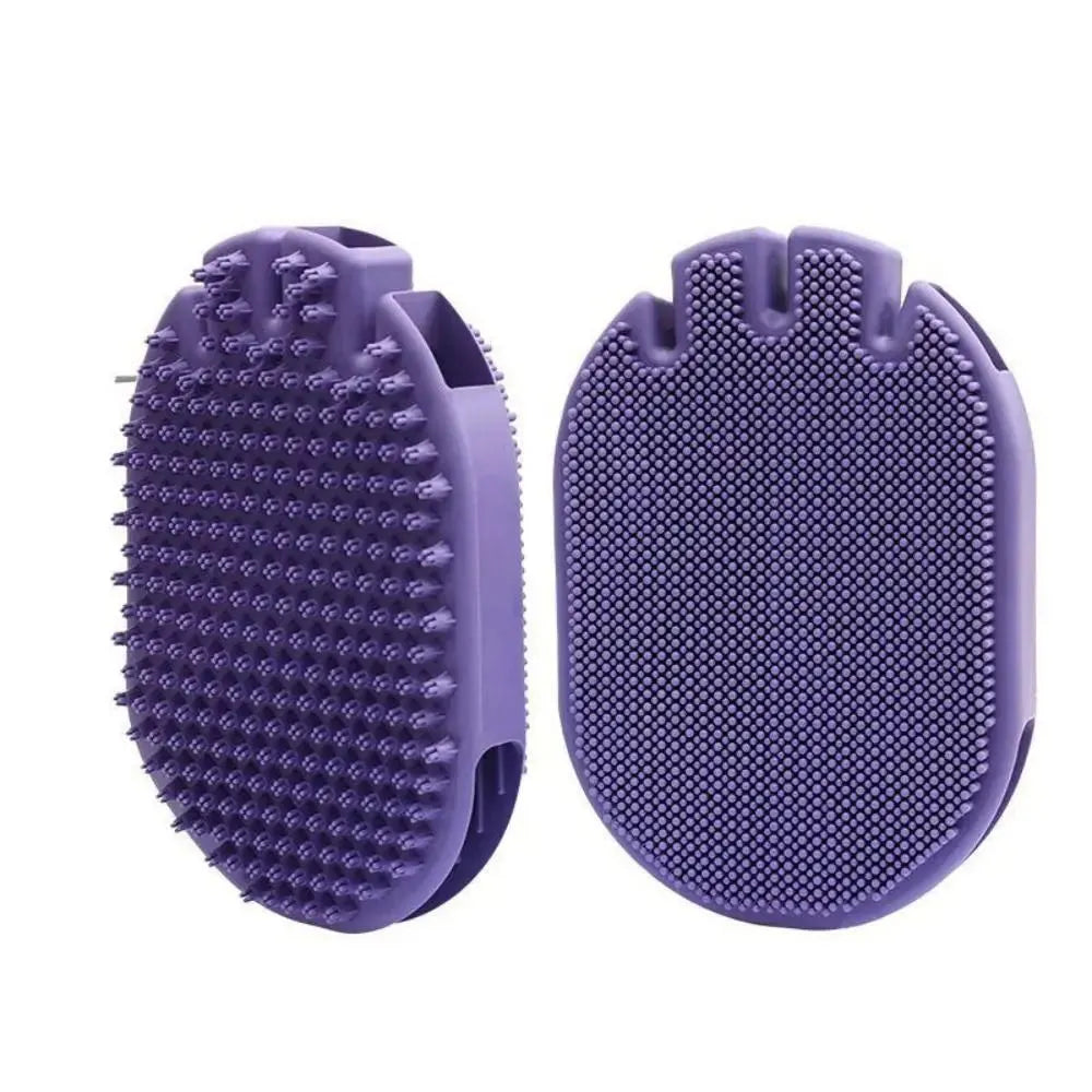 Purple soft TPR dual-sided pet massage brush for dog grooming and shampooing with ergonomic handle