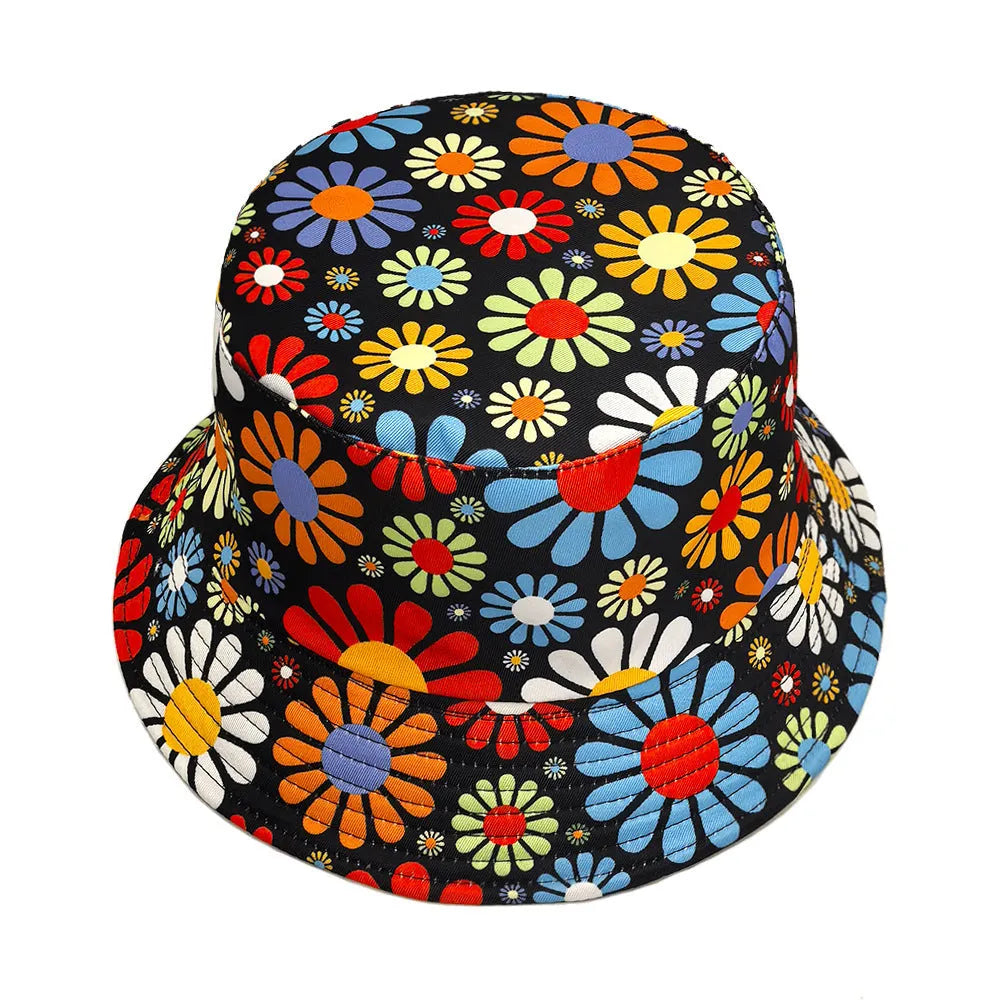 Colourful flower print polyester bucket hat with dome crown