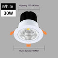 Black aluminium embedded LED ceiling spotlight with anti-glare design showing three colour temperature options