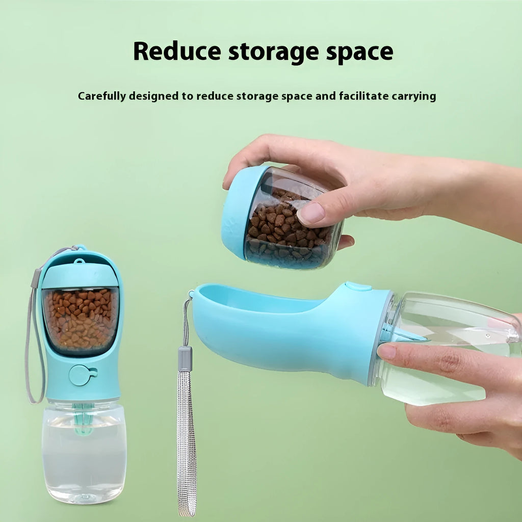 Blue portable dog water bottle with a collapsible bowl extended, showing the two-in-one design.
