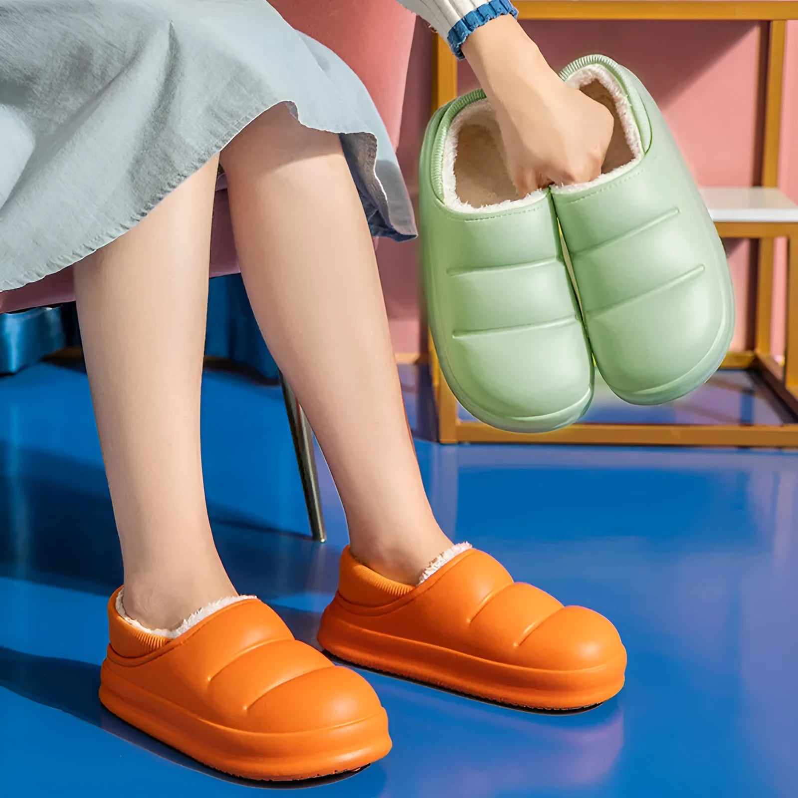 Women's waterproof EVA garden slippers in green, showing overshoe design with plush lining and non-slip sole.